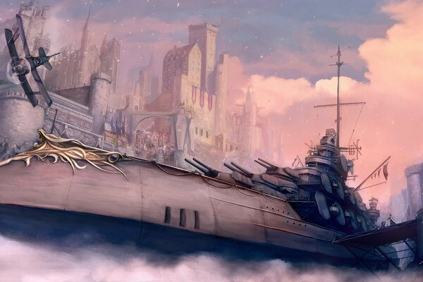 A warship sailing through a fantasy city