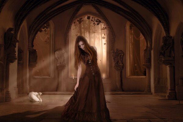 The image of a girl in a church in the style of fantasy