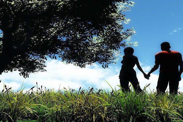 Lovers hold hands under a tree