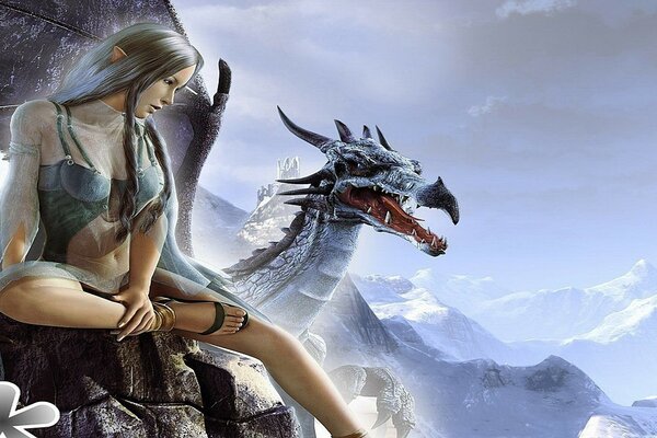 A girl sitting on a dragon in the clouds