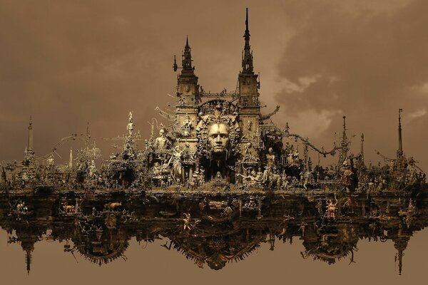 Temple by the water with reflection on the sky background