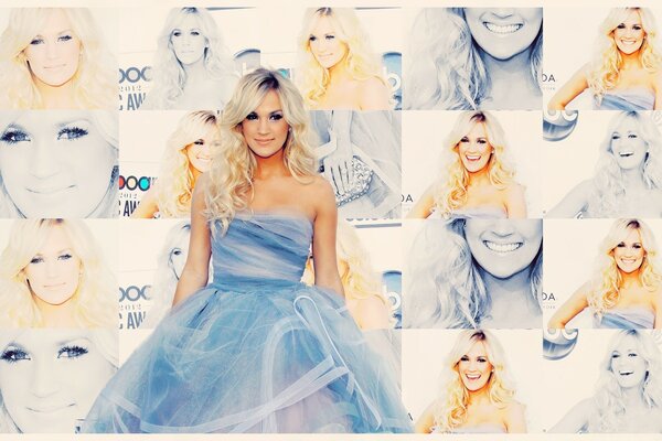 Collage of a beautiful blonde in a blue dress