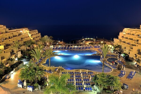 Swimming pool with palm trees and sun beds in the hotel