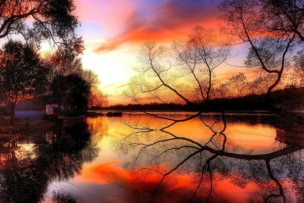 Sonnenuntergang Wald Wasser Wolken