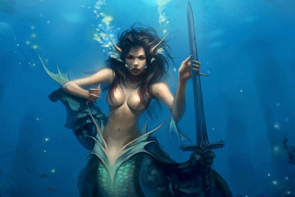 一个女人用剑的水下人物的形象
