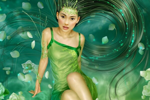 Fille asiatique sur fond vert