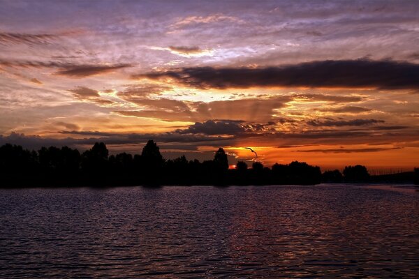 Sonnenuntergang über der flachen Oberfläche des Sees