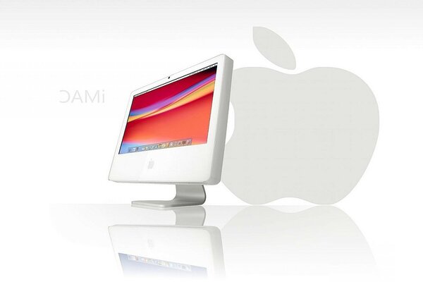 Monitor blanco sobre el fondo del logotipo de apple