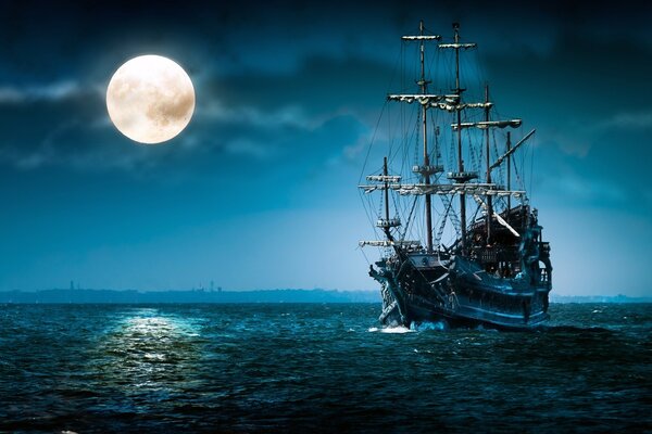 Pirate ship at full moon