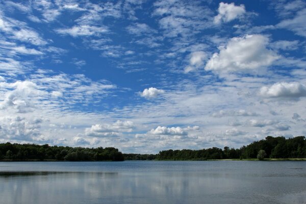 Landscape of lake , trees and blue sky with clouds