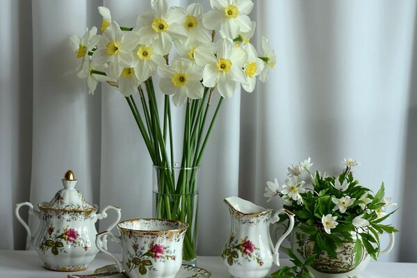 Daffodils and tea set