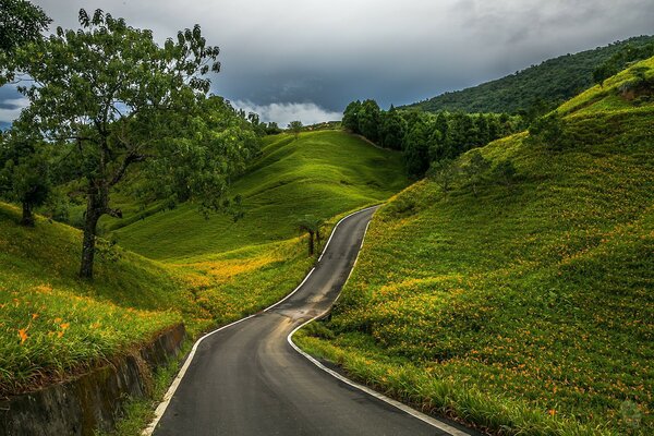 蜿蜒的道路蜿蜒在青山间