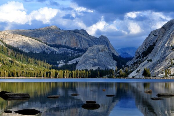 Lake on the background of mountains and forests