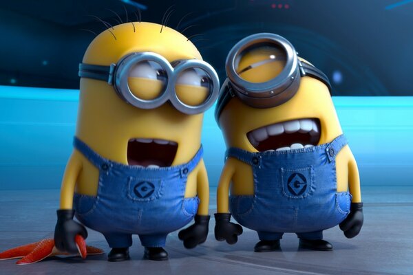 Divertidos minions amarillos sobre fondo azul