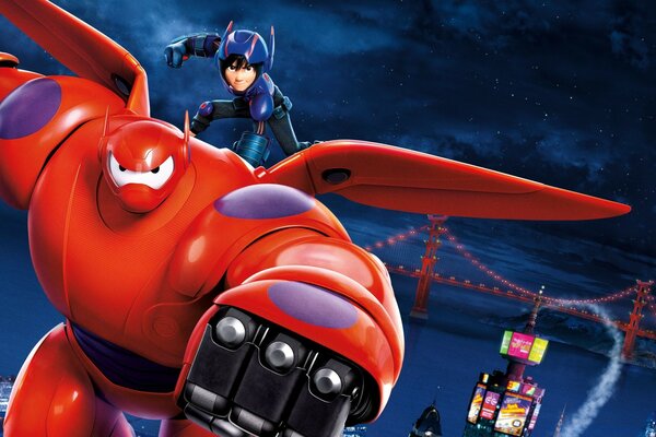 Animação Cidade dos heróis robô Baymax e Hiro Hamada