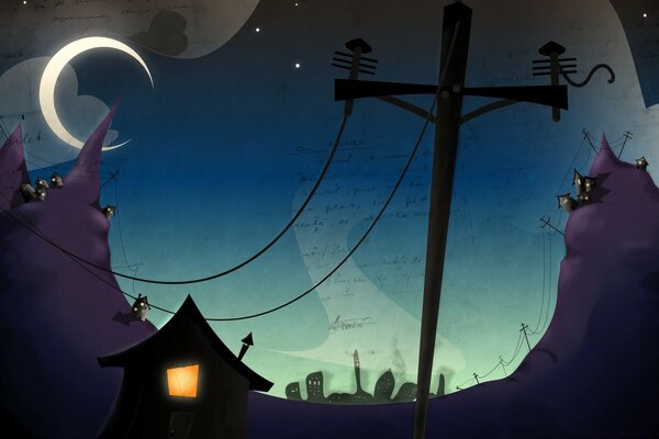 Cartoon moonlight in the cemetery