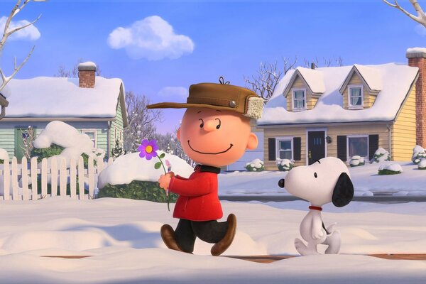 Fondos de pantalla de dibujos animados. Niño y cachorro. Invierno en el pueblo