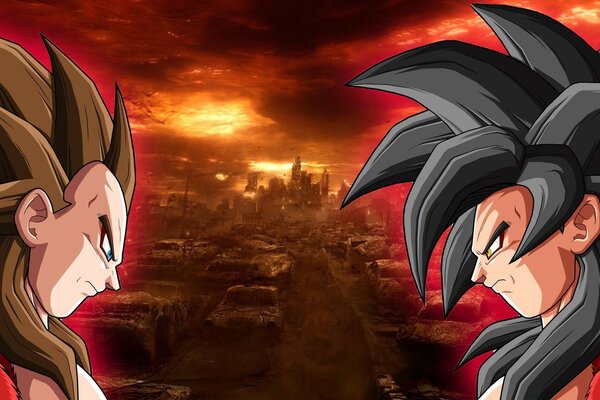 Fire in the sky. Drawing. A duel. Anime