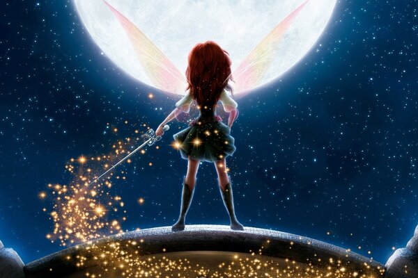 Fada, elfo no fundo da grande lua e céu estrelado