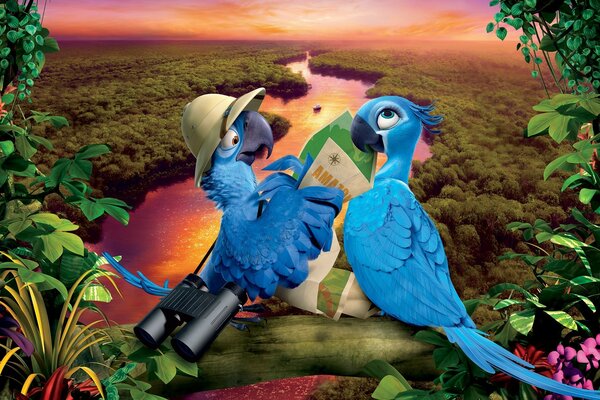 Cartone animato due pappagalli blu seduti su un ramo
