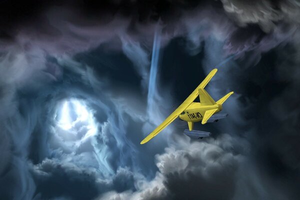 Yellow plane flies into the light