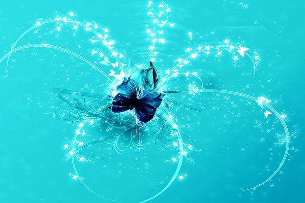 Blauer Schmetterling liegt auf azurblauem Wasser