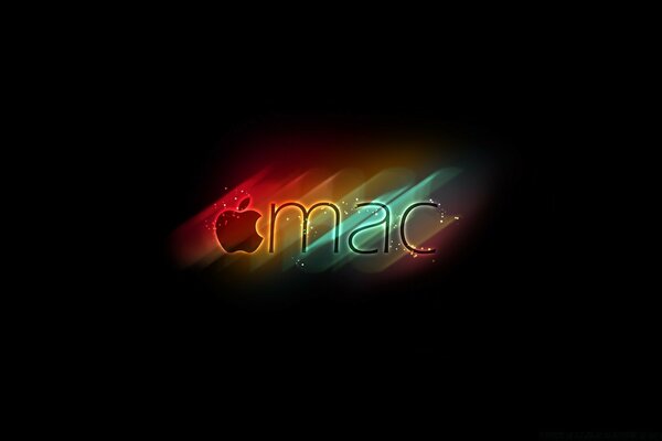 Apple logo on a background of colored glowing stripes