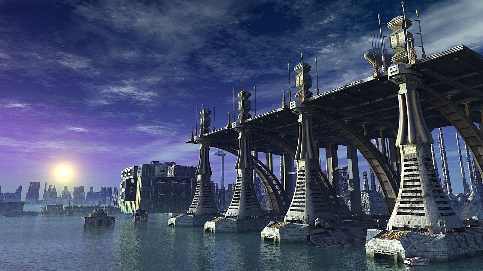 fantasy bridge water travel architecture river city sky transportation system building modern connection urban construction outdoors sea pier sunset harbor