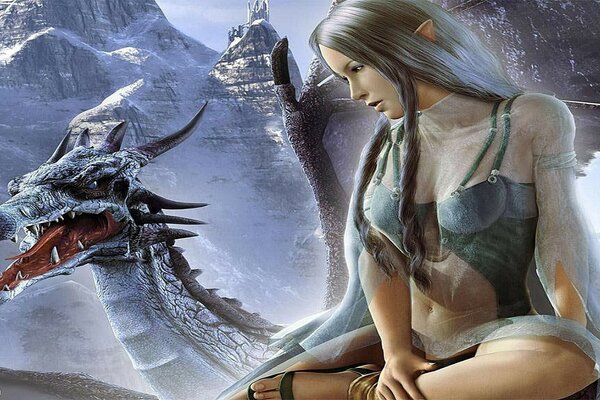 Image of a girl elves and a dragon