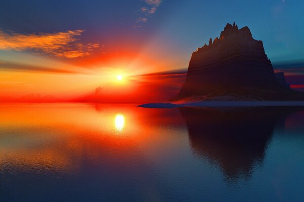 Coucher de soleil rouge sur l eau et la falaise