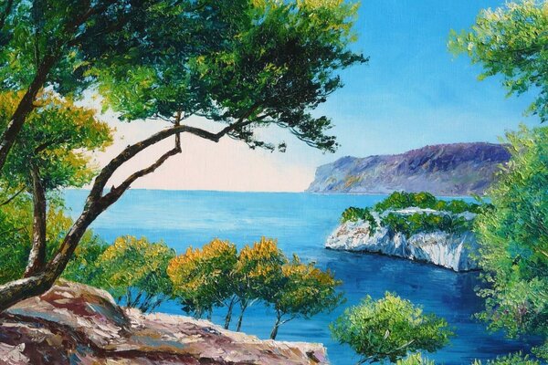 The seashore with mountains and trees. Picture