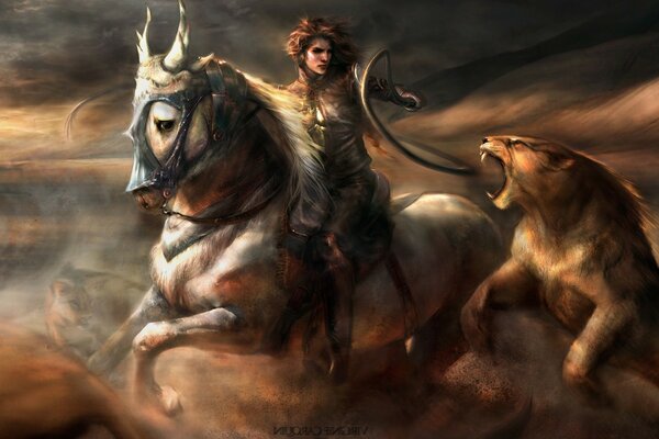 Fantasy horse rider and lion