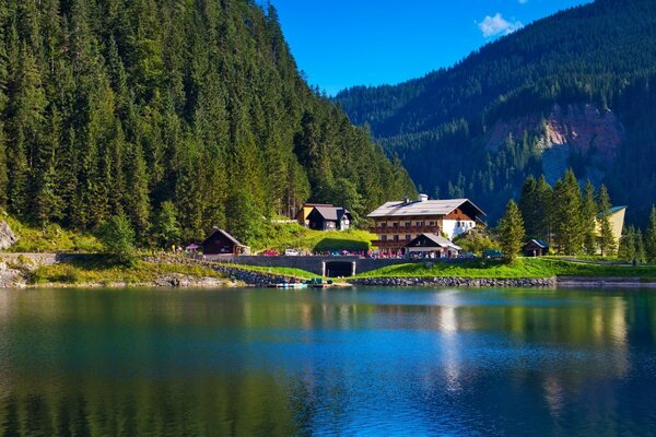 Hotel by the lake among the mountains