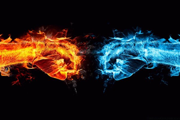 The confrontation of fire and water on a black background