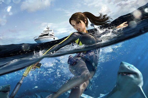 The heroine of the game in a fight with sharks