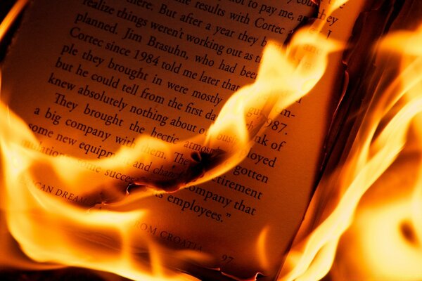 Burning pages with text in English