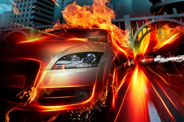 Fire enveloping a beautiful car