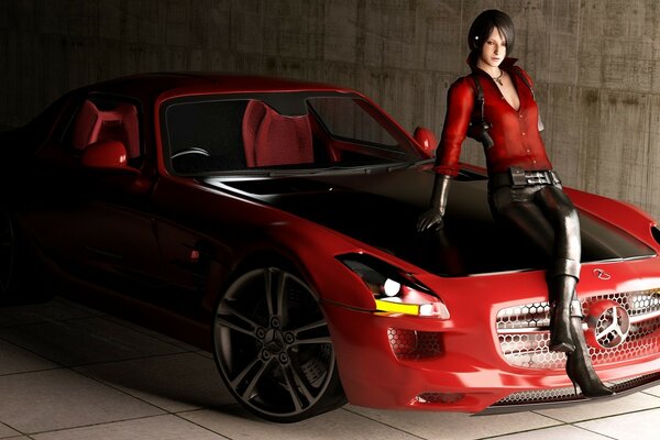 Chica en rojo en coche rojo