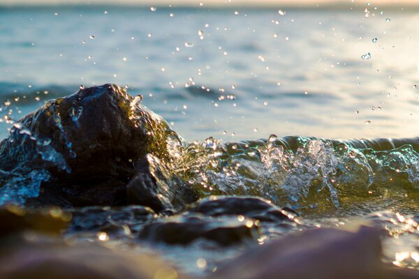 Il mare in uno stato calmo batte contro le rocce sulla riva