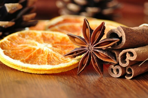 Dried orange slices and cinnamon sticks