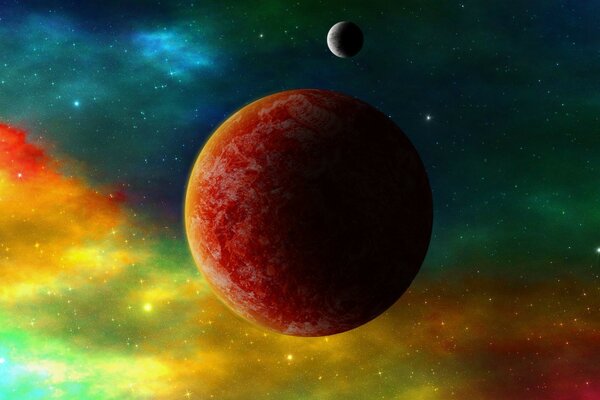 The planet is red in the starry sky