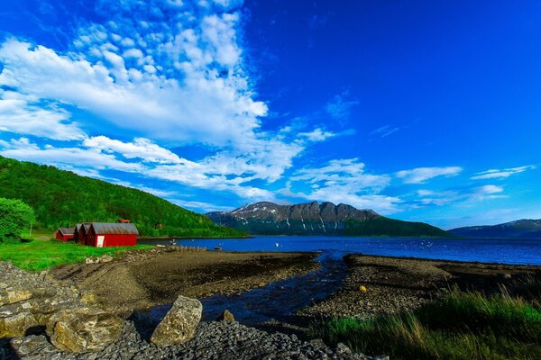 Paesaggio con cielo molto blu e Lago blu brillante