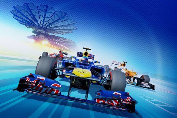 Formula 1 racing cars on a blue background