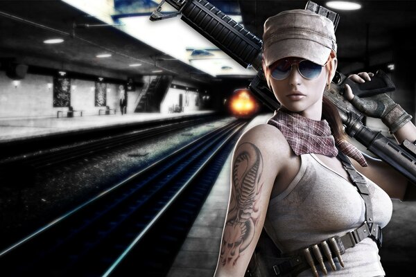 Mädchen mit Tattoo in der U-Bahn in Armee-Uniform