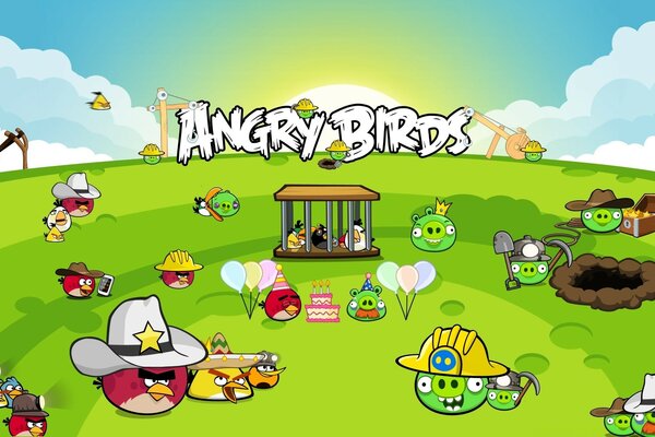 Skizze des Spiels Angry Birds auf einer Graswiese