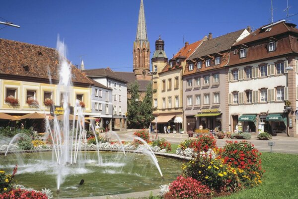 European-style architecture with a fountain