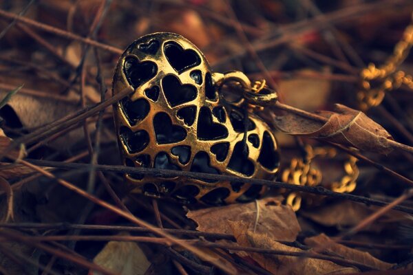 Pendentif en forme de coeur sur les feuilles d automne