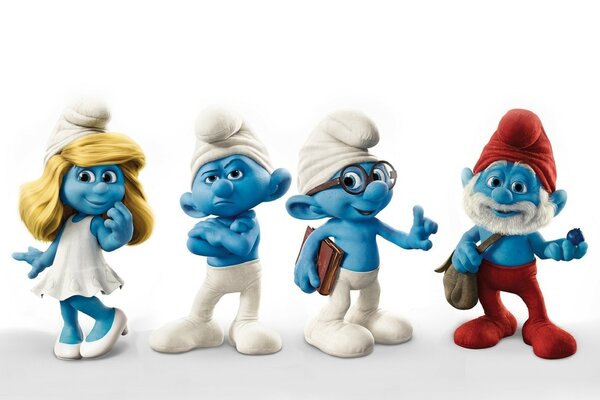 Quatro Smurfs em fila. Loira. O tipo dos óculos. Homem velho em roupas vermelhas