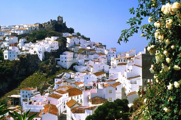 Beautiful city in the mountains in the sunlight