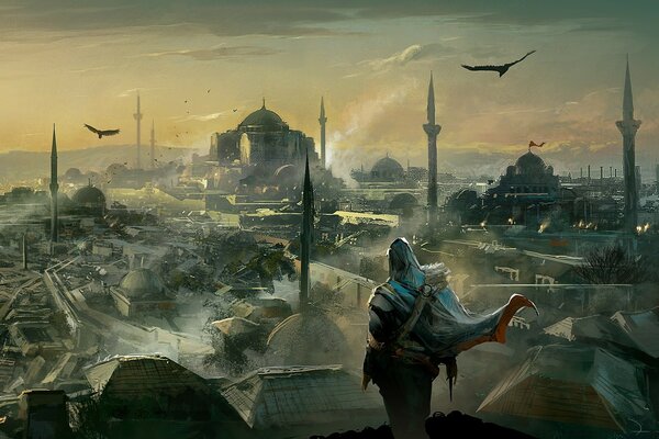 Oyunun ana karakterleri assassin s creed çatıda duruyor ve şehre bakıyor